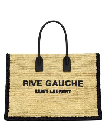 Saint Laurent Rive Gauche Tote Bag In Raffia And Leather Apricot